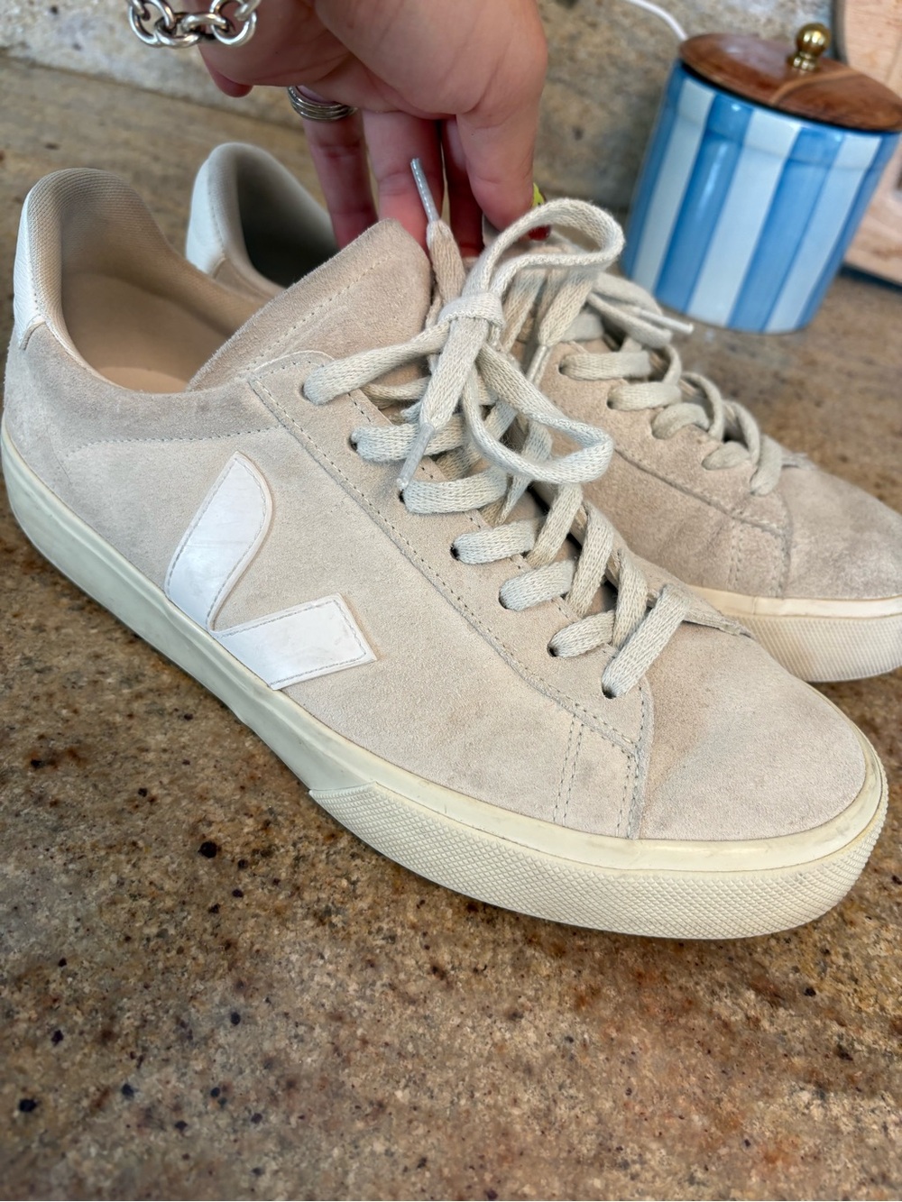Veja Suede Low-Top Sneakers in Light Beige with White V Logo